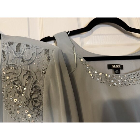 SLNY Jacket & Dress 14 Aloe Blue Ruffled Party Wedding Cruise Flowy NEW - Picture 11 of 16